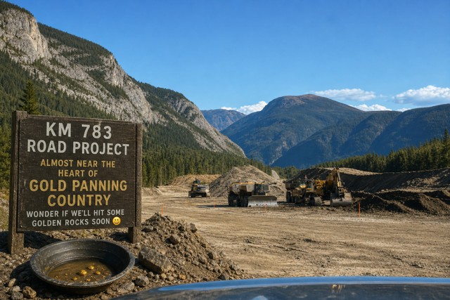 Heavy equipment building the KM 783 road project in mountainous terrain