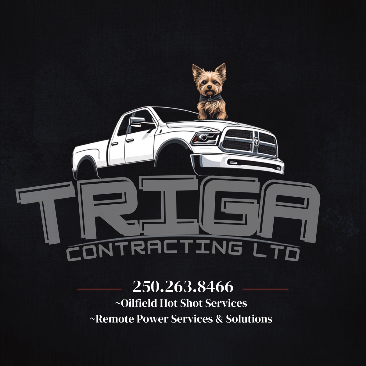 TRIGA Contracting Ltd. logo with a white pickup truck and a Yorkshire terrier